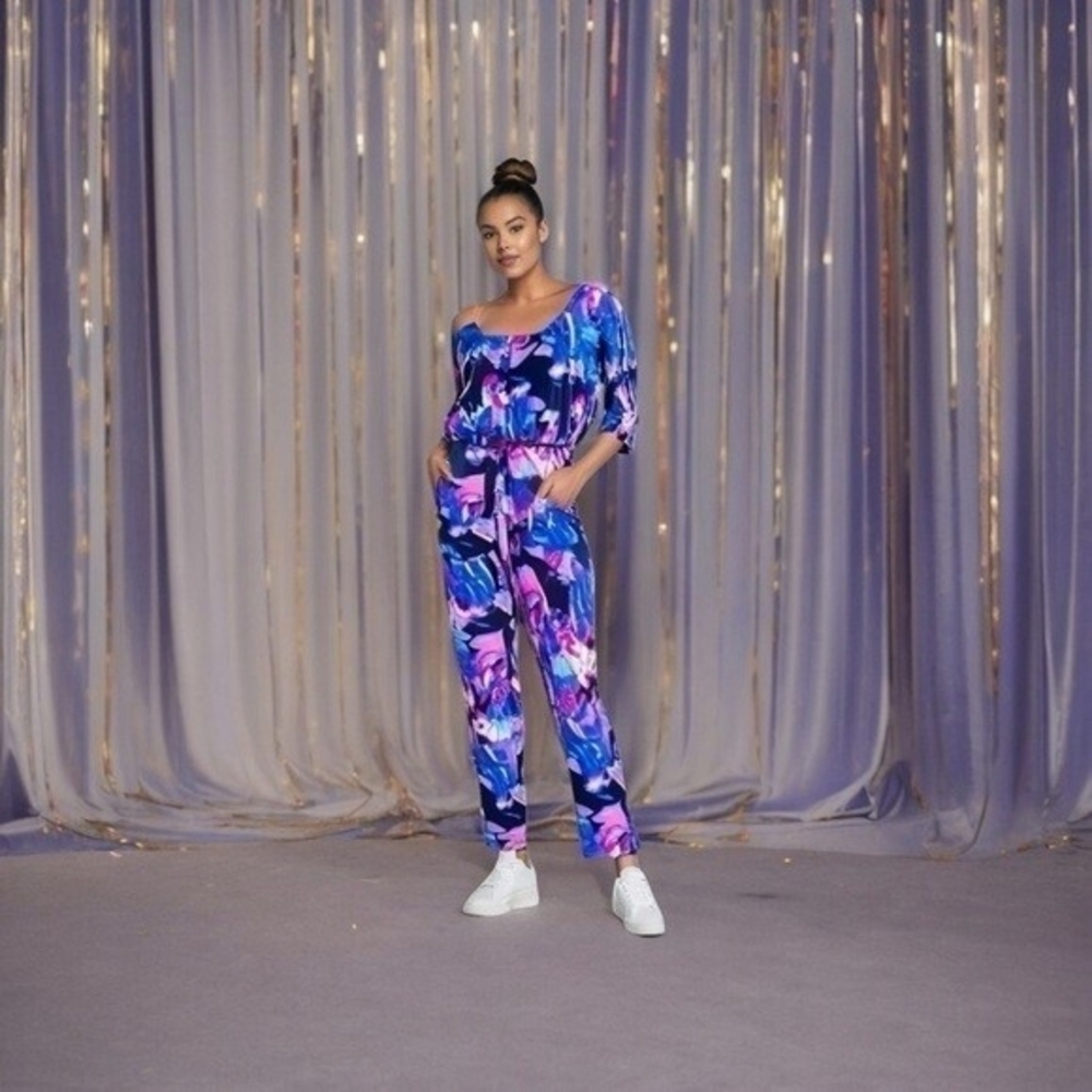 C&C Studio Royal Blue Pink Floral Print 100% Polyester Belted Zip Front Jumpsuit